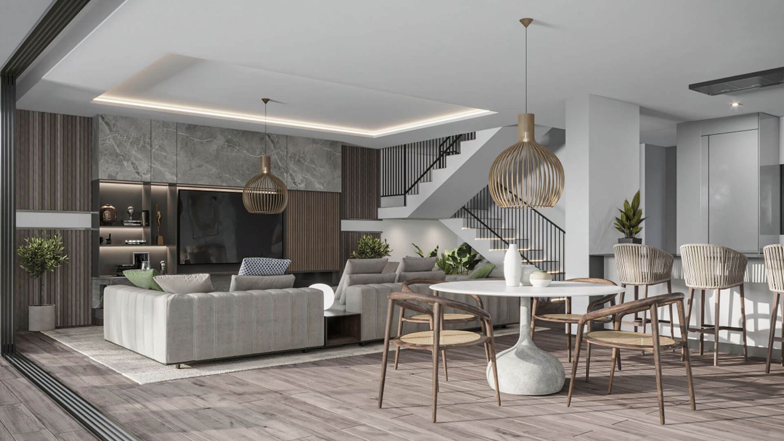 Modernes Villa Wohn- und Esszimmer mit stilvollem Interieur.